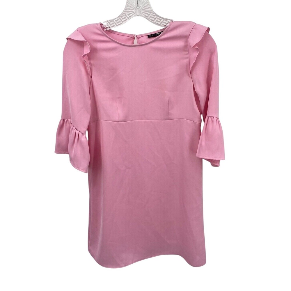 Zara Basic Womens XS Pink Ruffle Shoulder Bell Sleeve Mini Dress  Keyhole Back